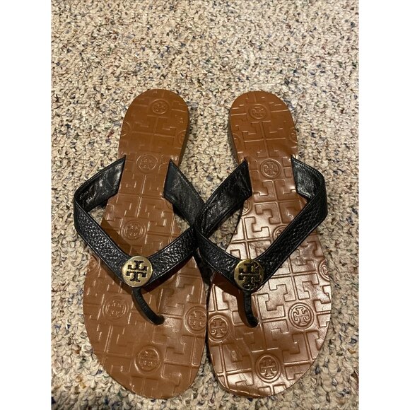 Tory Burch Women's Size: 9M Thora Thong Leather Gold Logo Flip Flop - Picture 1 of 5